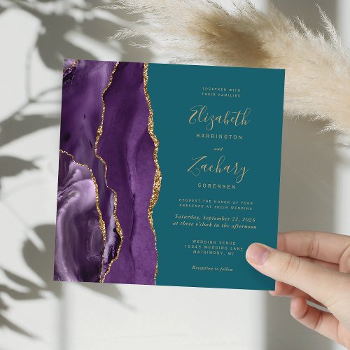 Purple Gold Agate Modern Teal Square Wedding Invitation