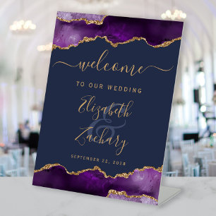 Purple Gold Agate Navy Blue Wedding Welcome Pedestal Sign