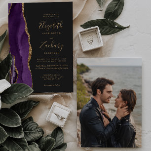 Purple Gold Agate Photo Dark Wedding Invitation