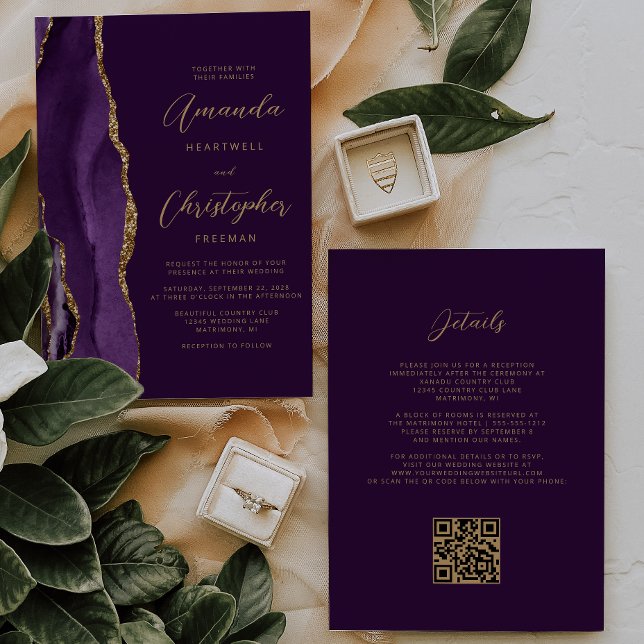 Purple Gold Agate Plum QR Code Wedding Invitation (Creator Uploaded)