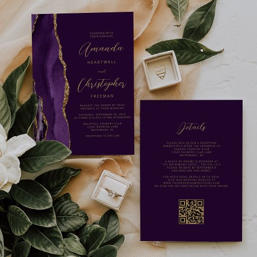 Purple Gold Agate Plum QR Code Wedding Invitation