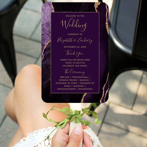 Purple Gold Agate Plum Wedding Program Hand Fan
