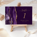 Purple Gold Agate Plum Wedding Table Number<br><div class="desc">The left-hand edge of this elegant modern wedding table number card features a purple watercolor agate border trimmed with faux gold glitter. The customizable text combines gold-colored handwriting,  and italic and copperplate fonts on a rich plum background.</div>