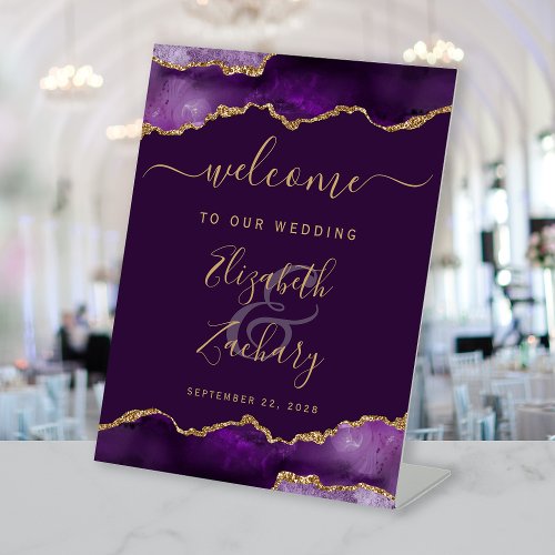 Purple Gold Agate Plum Wedding Welcome Pedestal Sign