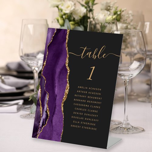 Purple Gold Agate Script Dark Wedding Table Number Pedestal Sign