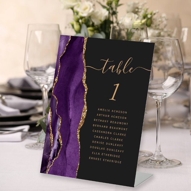 Purple Gold Agate Script Dark Wedding Table Number Pedestal Sign (Creator Uploaded)