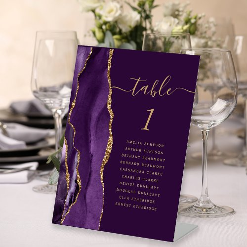 Purple Gold Agate Script Plum Wedding Table Number Pedestal Sign