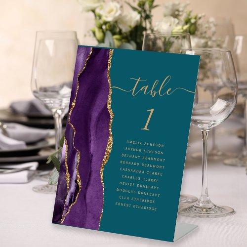 Purple Gold Agate Script Teal Wedding Table Number Pedestal Sign