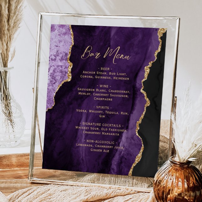 Purple Gold Agate Script Wedding Bar Menu  Poster (Creator Uploaded)