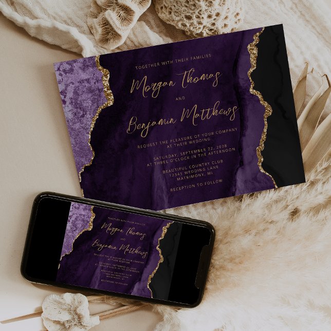 Purple Gold Agate Script Wedding Invitation (Creator Uploaded)