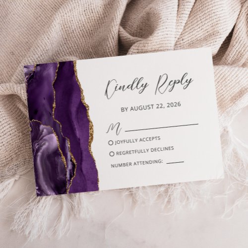 Purple Gold Agate Script Wedding RSVP Card