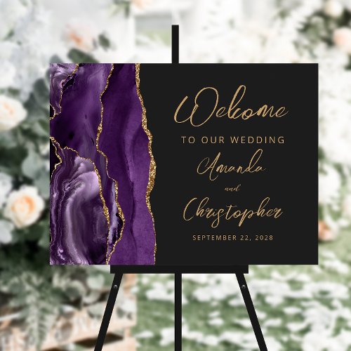 Purple Gold Agate Script Wedding Welcome Foam Board