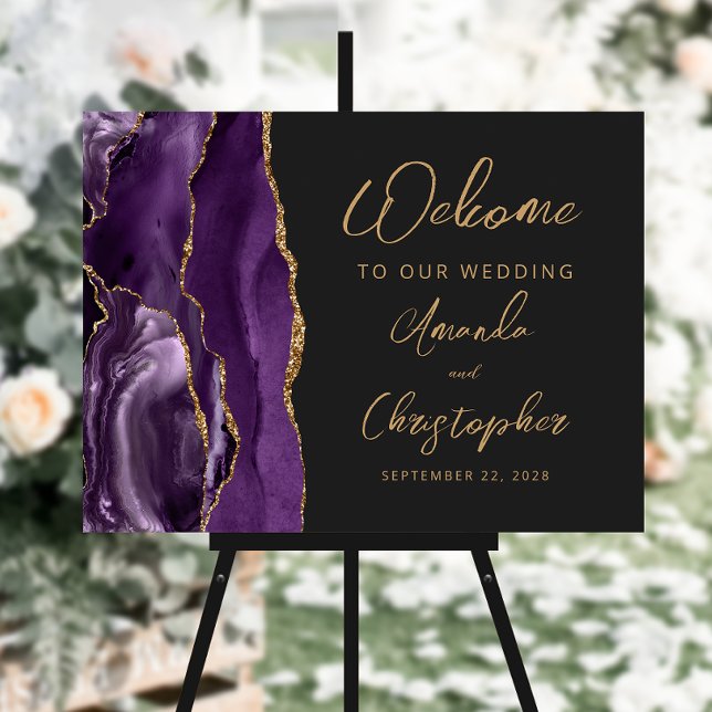 Purple Gold Agate Script Wedding Welcome Foam Board (Creator Uploaded)