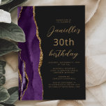 Purple Gold Agate Slate Script 30th Birthday Invitation<br><div class="desc">The left-hand edge of this elegant modern 30th birthday party invitation features a purple watercolor agate border trimmed with gold faux glitter. The customizable text combines gold-colored script and sans serif fonts on a slate black background. The reverse side features a matching purple and gold agate design.</div>