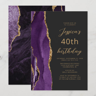 Purple Gold Agate Slate Script 40th Birthday Invitation