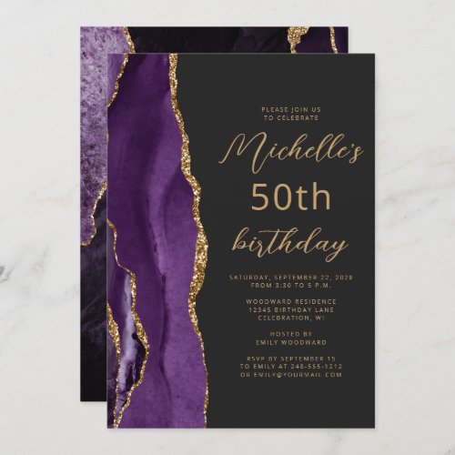 Purple Gold Agate Slate Script 50th Birthday Invitation