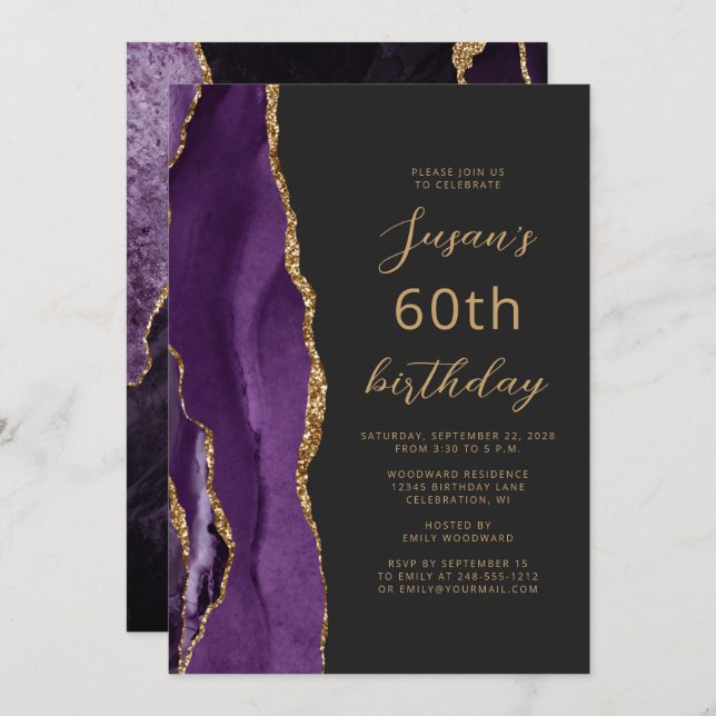 Purple Gold Agate Slate Script 60th Birthday Invitation (Front/Back)