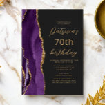 Purple Gold Agate Slate Script 70th Birthday Invitation<br><div class="desc">The left-hand edge of this elegant modern birthday party invitation features a purple watercolor agate border trimmed with gold faux glitter. The customizable text combines gold-colored script and sans serif fonts on a slate black background. The reverse side features a matching purple and gold agate design.</div>