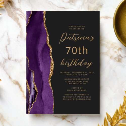 Purple Gold Agate Slate Script 70th Birthday Invitation