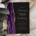 Purple Gold Agate Slate Script 70th Birthday Invitation<br><div class="desc">The left-hand edge of this elegant modern birthday party invitation features a purple watercolor agate border trimmed with gold faux glitter. The customizable text combines gold-colored script and sans serif fonts on a slate black background. The reverse side features a matching purple and gold agate design.</div>
