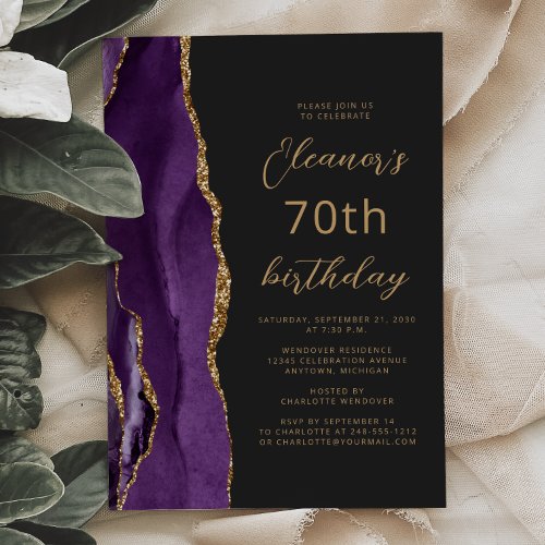 Purple Gold Agate Slate Script 70th Birthday Invitation