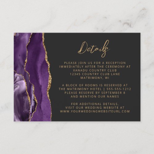Purple Gold Agate Slate Script Wedding Details Enclosure Card