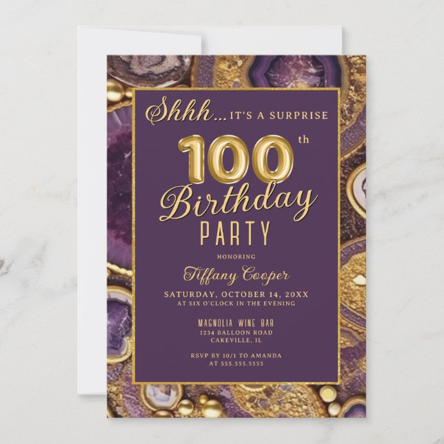 Purple Gold Agate Surprise 100th Birthday Party Invitation (Front)