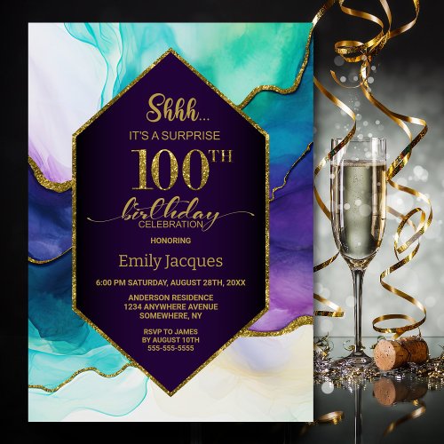 Purple Gold Agate Surprise 100th Birthday Party Invitation