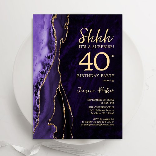 Purple Gold Agate Surprise 40th Birthday Invitation
