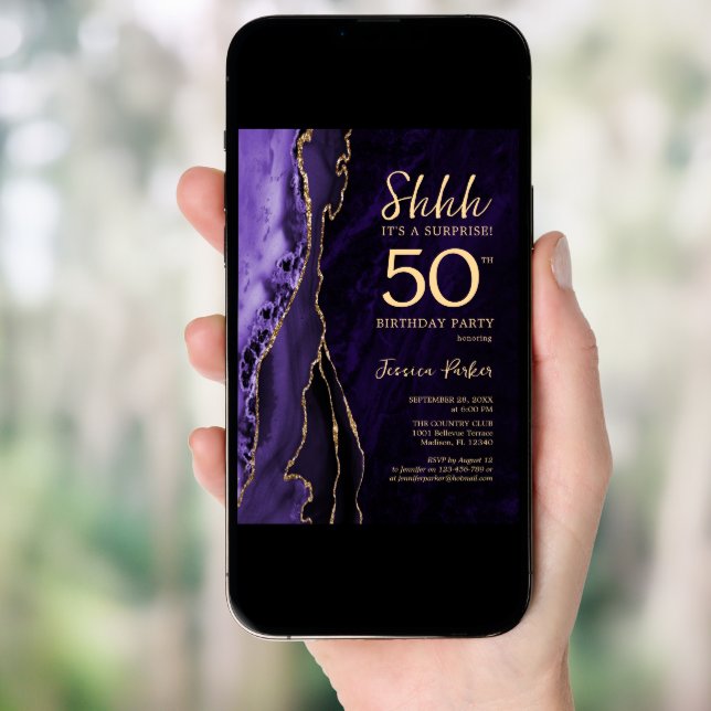Purple Gold Agate Surprise 50th Birthday Invitation (Front Digital)