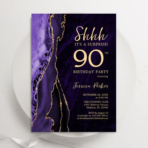 Purple Gold Agate Surprise 90th Birthday Invitation