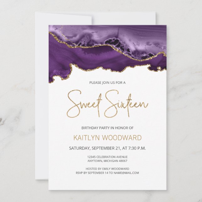 Purple Gold Agate Sweet 16 Birthday Party Invitation (Front)