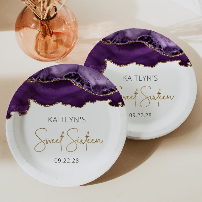 Purple Gold Agate Sweet 16 Birthday Party Paper Plates (Creator Uploaded)