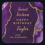 Purple Gold Agate Sweet Sixteen Happy Birthday Square Sticker<br><div class="desc">This elegant and glamorous sticker can be personalized with a name or title such as daughter,  granddaughter,  niece,  friend etc. The design features a purple agate marble background with faux gold glitter accents. The text combines handwritten script and modern sans serif fonts for a classy and sophisticated look.</div>