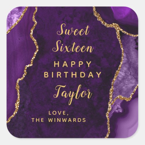 Purple Gold Agate Sweet Sixteen Happy Birthday Square Sticker