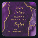 Purple Gold Agate Sweet Sixteen Happy Birthday Square Sticker<br><div class="desc">This elegant and glamorous sticker can be personalized with a name or title such as daughter,  granddaughter,  niece,  friend etc. The design features a purple agate marble background with faux gold glitter accents. The text combines handwritten script and modern sans serif fonts for a classy and sophisticated look.</div>