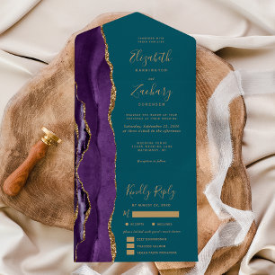 Purple Gold Agate Teal Blue Meal Options Wedding All In One Invitation