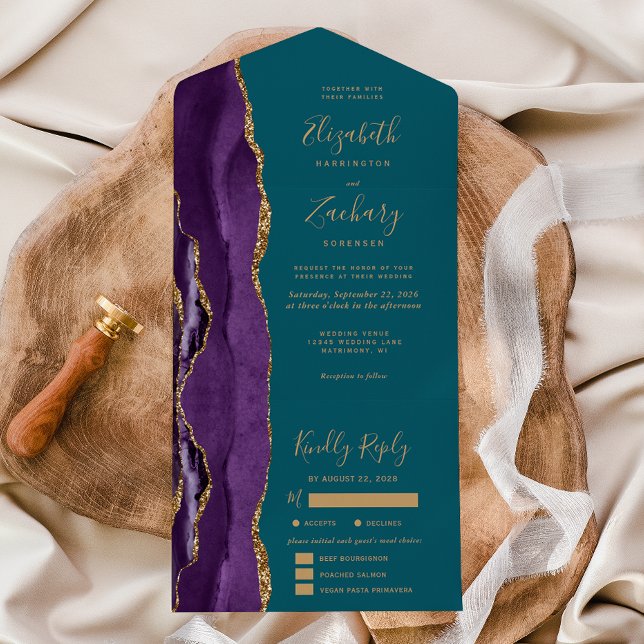 Purple Gold Agate Teal Blue Meal Options Wedding All In One Invitation (Creator Uploaded)