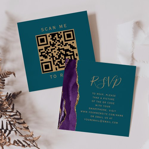 Purple Gold Agate Teal Blue Wedding QR Code RSVP Enclosure Card