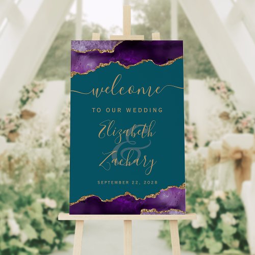 Purple Gold Agate Teal Vertical Wedding Welcome Foam Board