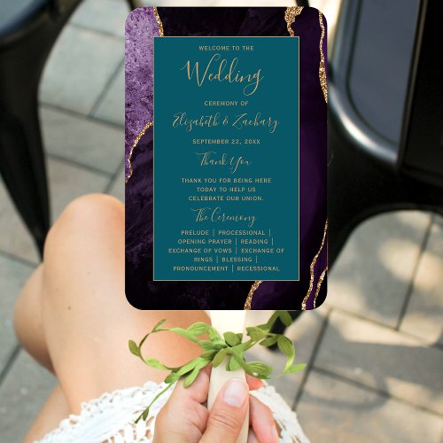 Purple Gold Agate Teal Wedding Program Hand Fan