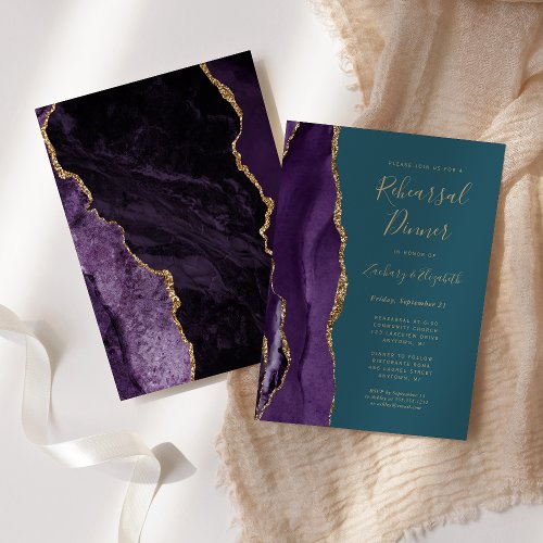 Purple Gold Agate Teal Wedding Rehearsal Dinner Invitation