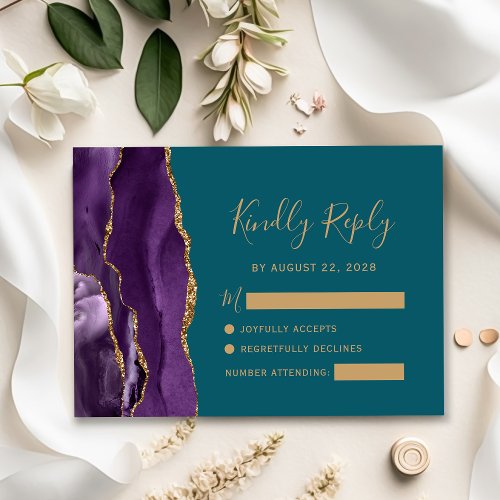Purple Gold Agate Teal Wedding RSVP Card