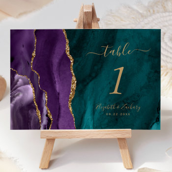 Purple Gold Agate Teal Wedding Table Number by Wedding_Paper_Nest at Zazzle