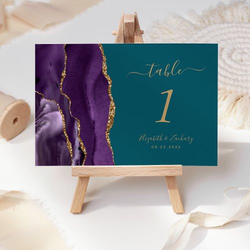 Purple Gold Agate Teal Wedding Table Number