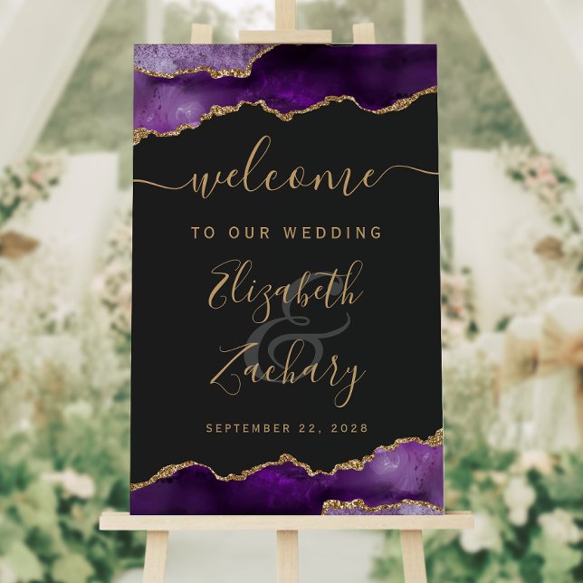 Purple Gold Agate Vertical Wedding Welcome Foam Board (The perfect welcome sign for a purple and gold themed wedding.)