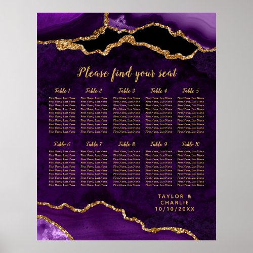 Purple Gold Agate Wedding 10 Tables Seating Chart