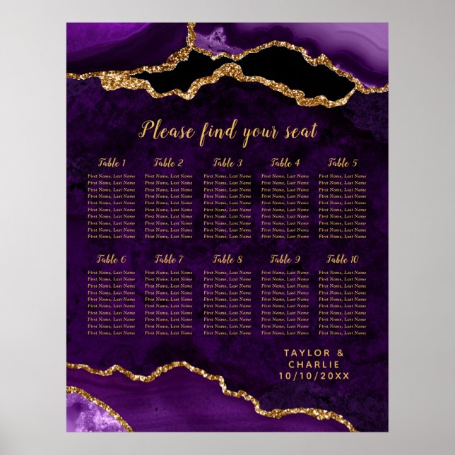 Purple Gold Agate Wedding 10 Tables Seating Chart (Front)