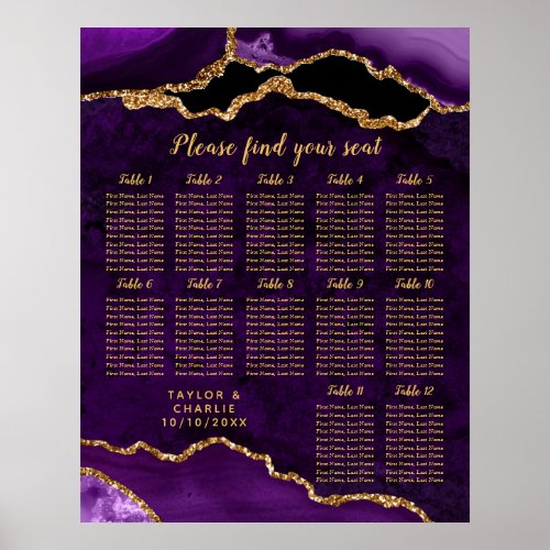 Purple Gold Agate Wedding 12 Tables Seating Chart