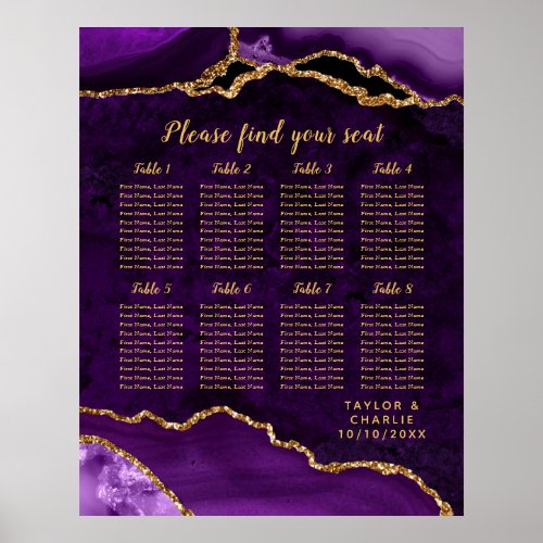 Purple Gold Agate Wedding 8 Tables Seating Chart
